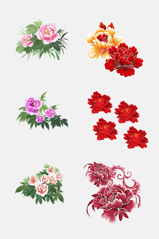 红色中国风花开富贵牡丹植物免抠素材