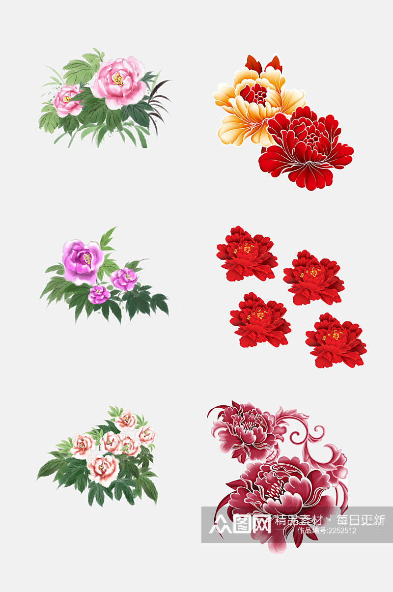 红色中国风花开富贵牡丹植物免抠素材素材