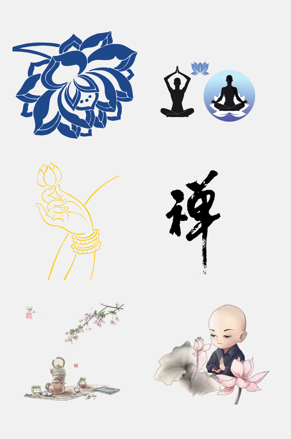 水彩荷花禪意免摳元素素材