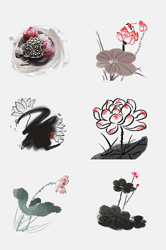 手绘中国风水墨荷花荷叶免花朵抠素材