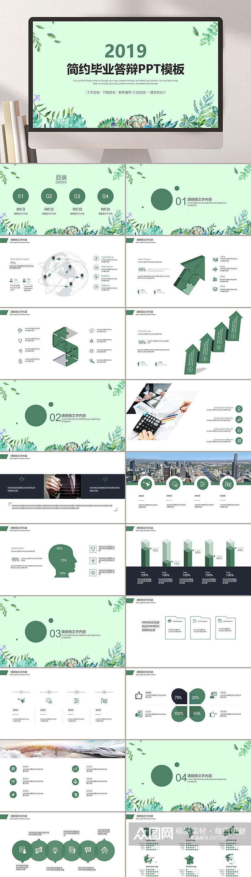 绿色简约清新毕业答辩通用PPT模板素材