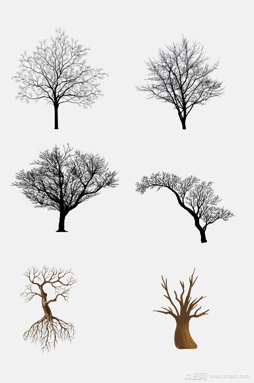 灰色树木树枝树叶树干免抠素材