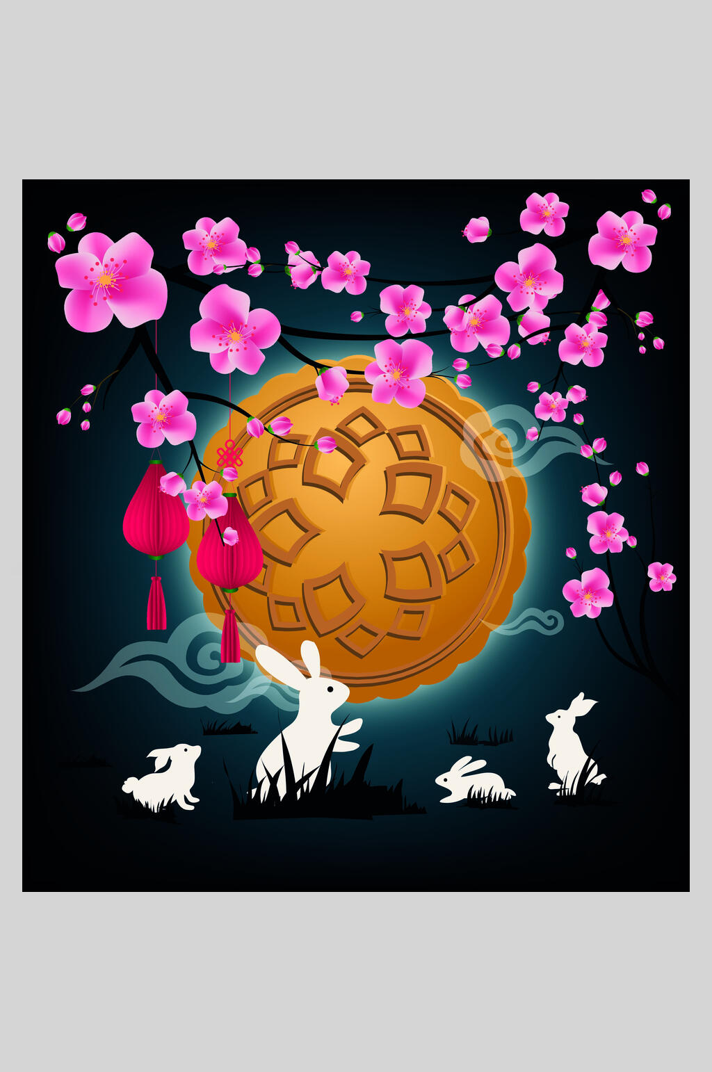 蓝金花卉月饼中秋节海报素材