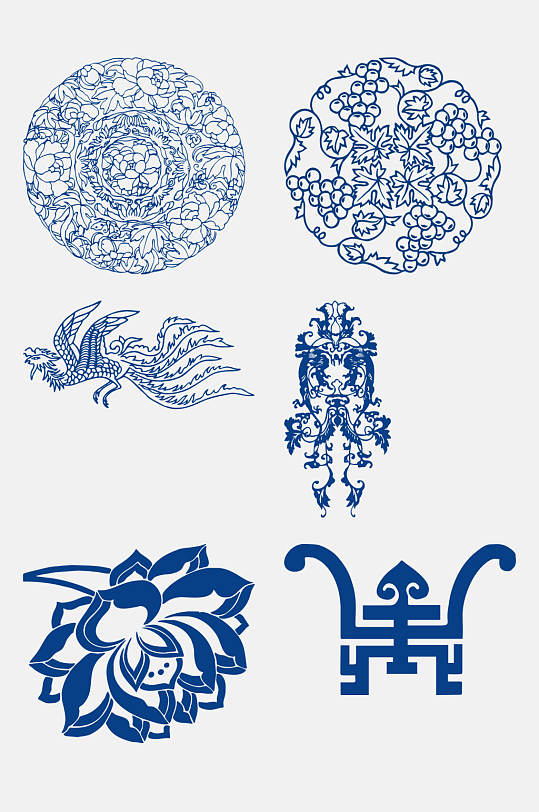 时尚深蓝中国花卉凤凰图案免抠元素