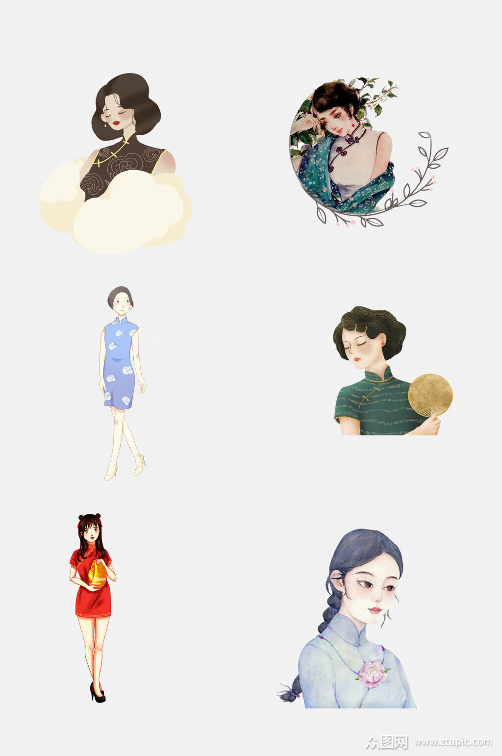 清新水彩民国风古典旗袍美女免抠素材