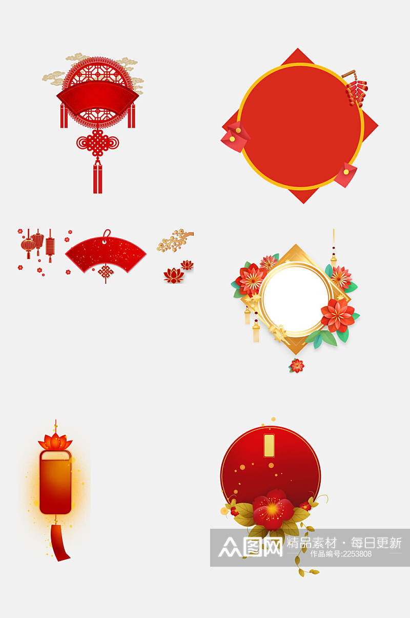 中式灯笼新年卷轴文本框免抠素材素材