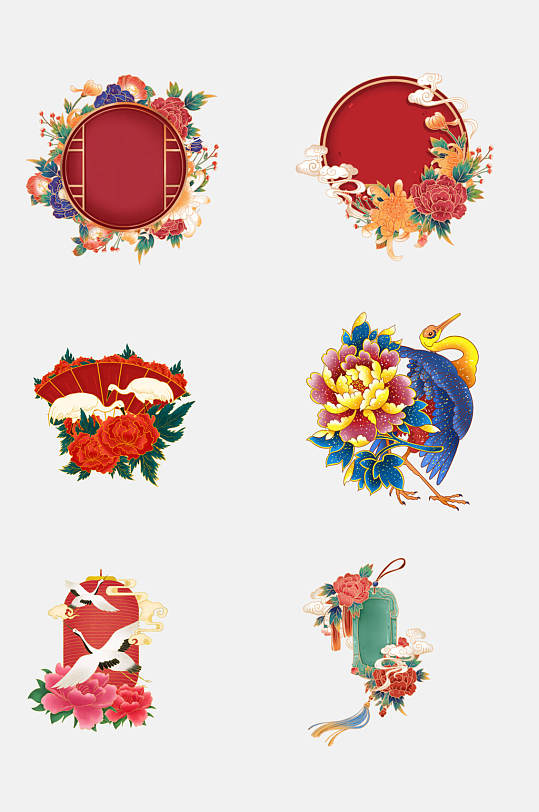 中式中国风花开富贵牡丹花卉图案免抠素材