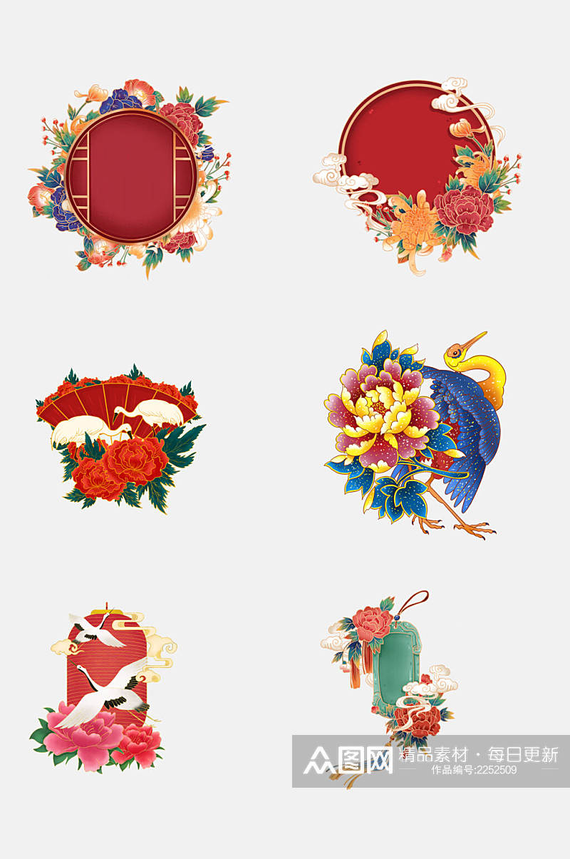 中式中国风花开富贵牡丹花卉图案免抠素材素材