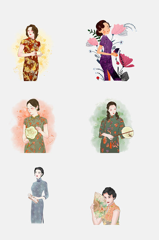 水彩花卉民国风古典旗袍美女免抠素材