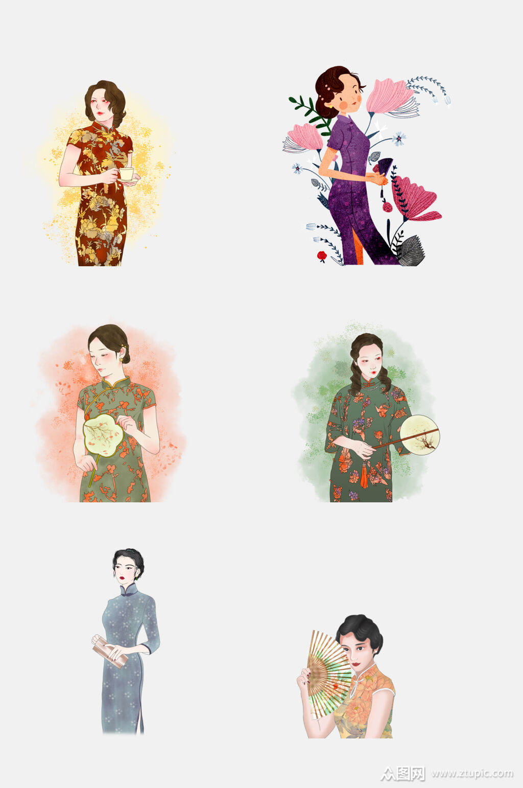 水彩花卉民国风古典旗袍美女免抠素材