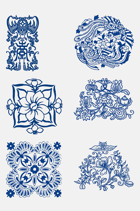精美深蓝中国花卉凤凰图案免抠元素