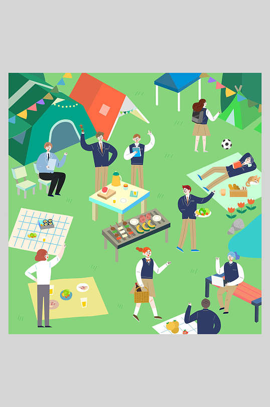 绿手绘有志青年节团建插画人物素材