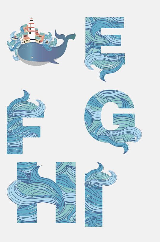 炫彩海洋生物字母轮船花纹免抠元素