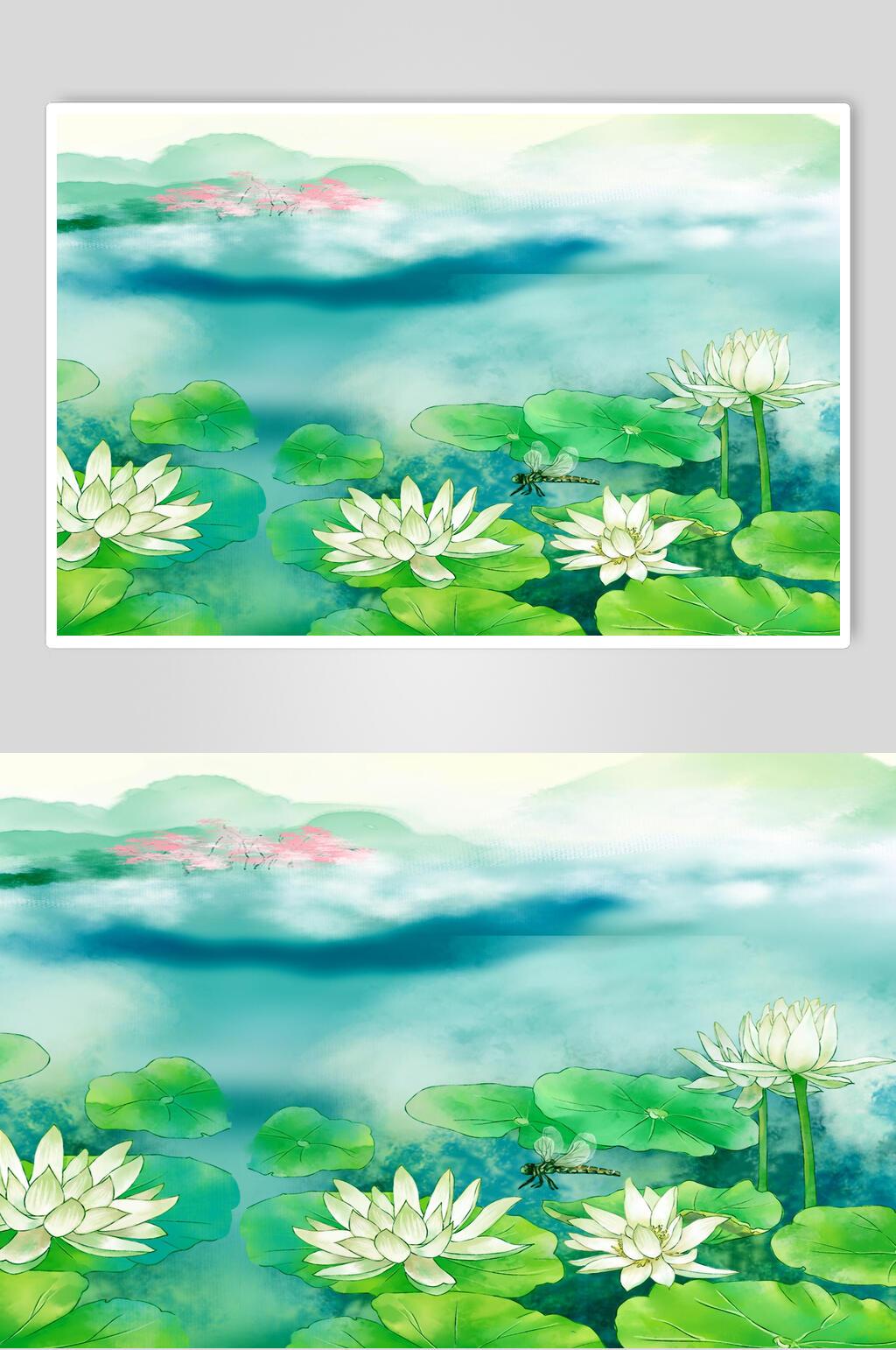 绿色古风山水插画素材素材
