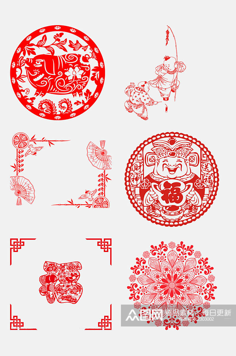 中式红色春节剪纸窗花免抠素材素材