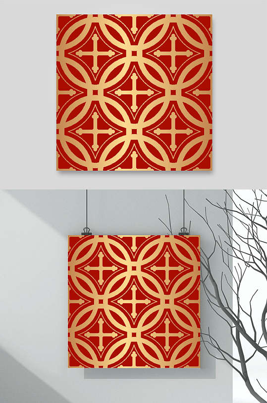 红金剪纸风古典花纹图案素材