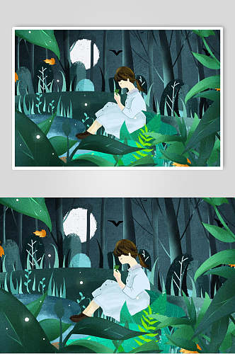 绿色森林女孩插画素材