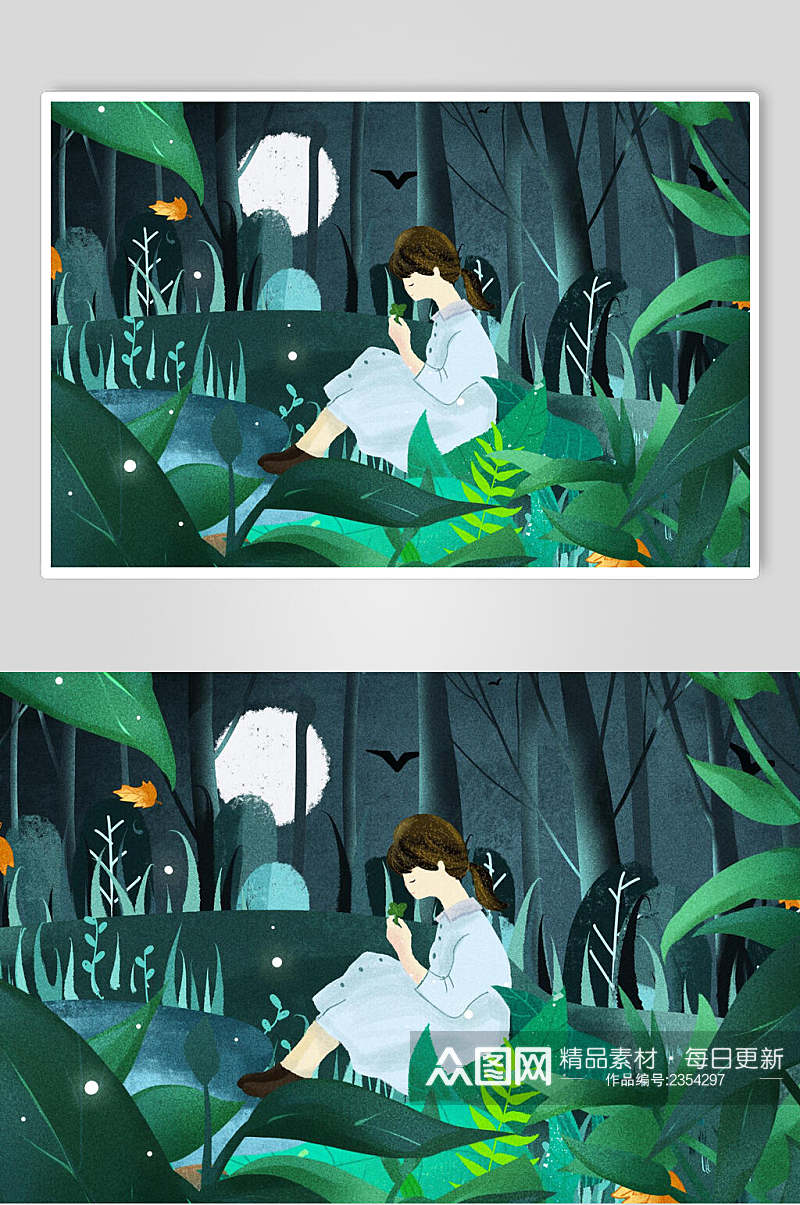 绿色森林女孩插画素材素材