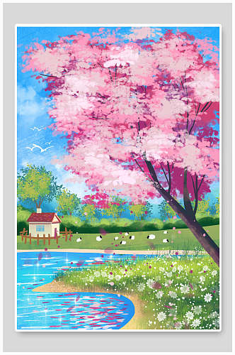 湖边樱花树插画素材