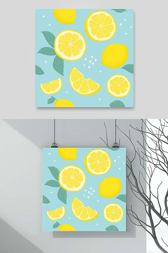 蓝底柠檬水果图案素材