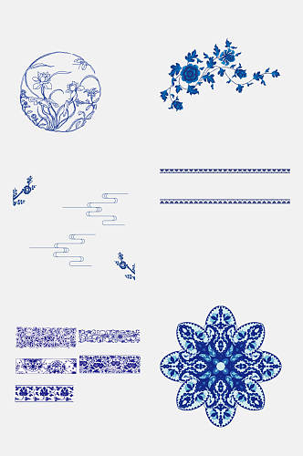 蓝色中国风青花瓷陶瓷花纹免抠素材