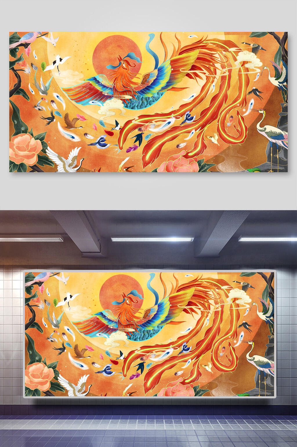 金色国潮风凤凰插画素材素材