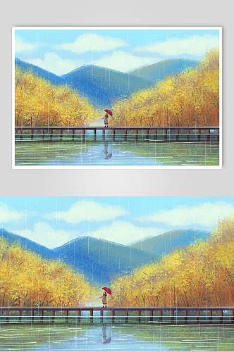 秋季风景山水插画素材