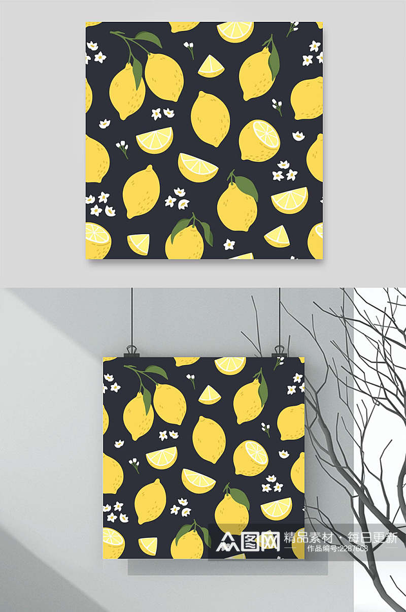 黑底柠檬水果图案素材素材