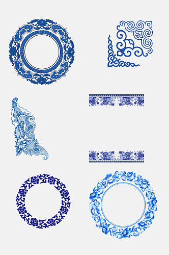 蓝色唯美中国风青花瓷陶瓷花纹免抠素材