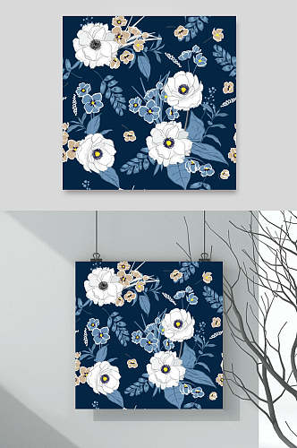 蓝底轻奢白花花卉图片矢量背景素材