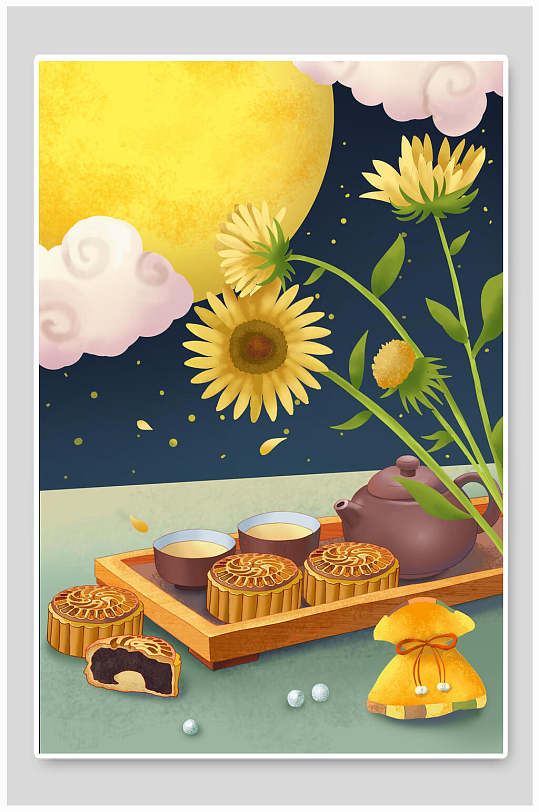 中秋佳节赏月吃月饼中秋插画