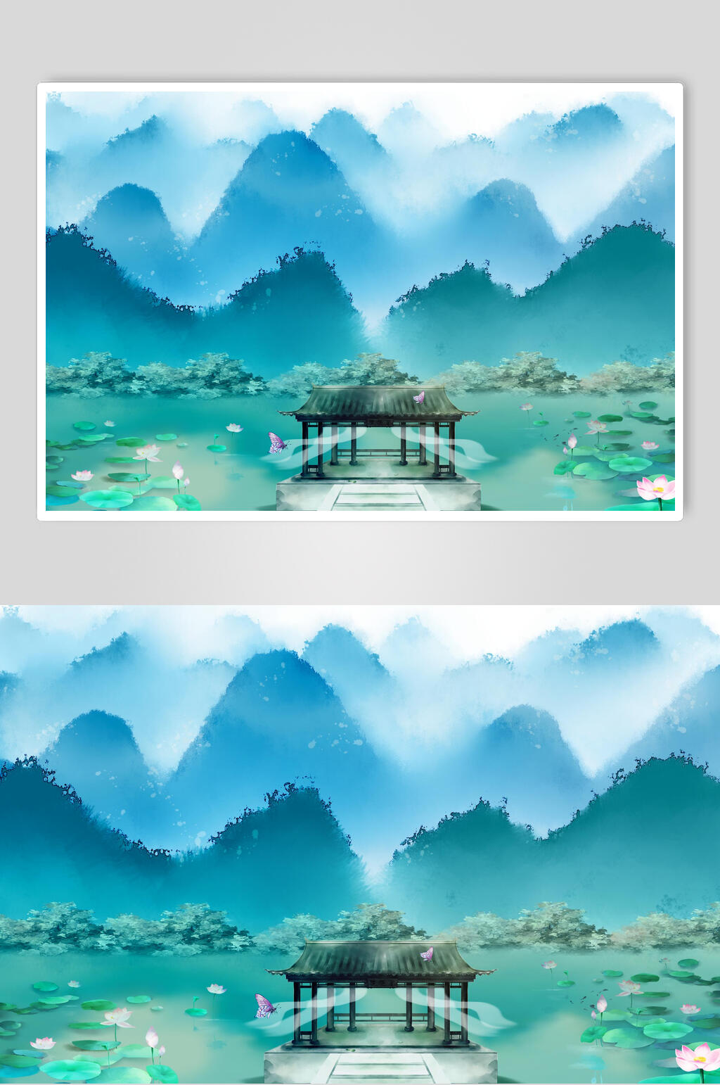 蓝色中式山水插画素材素材