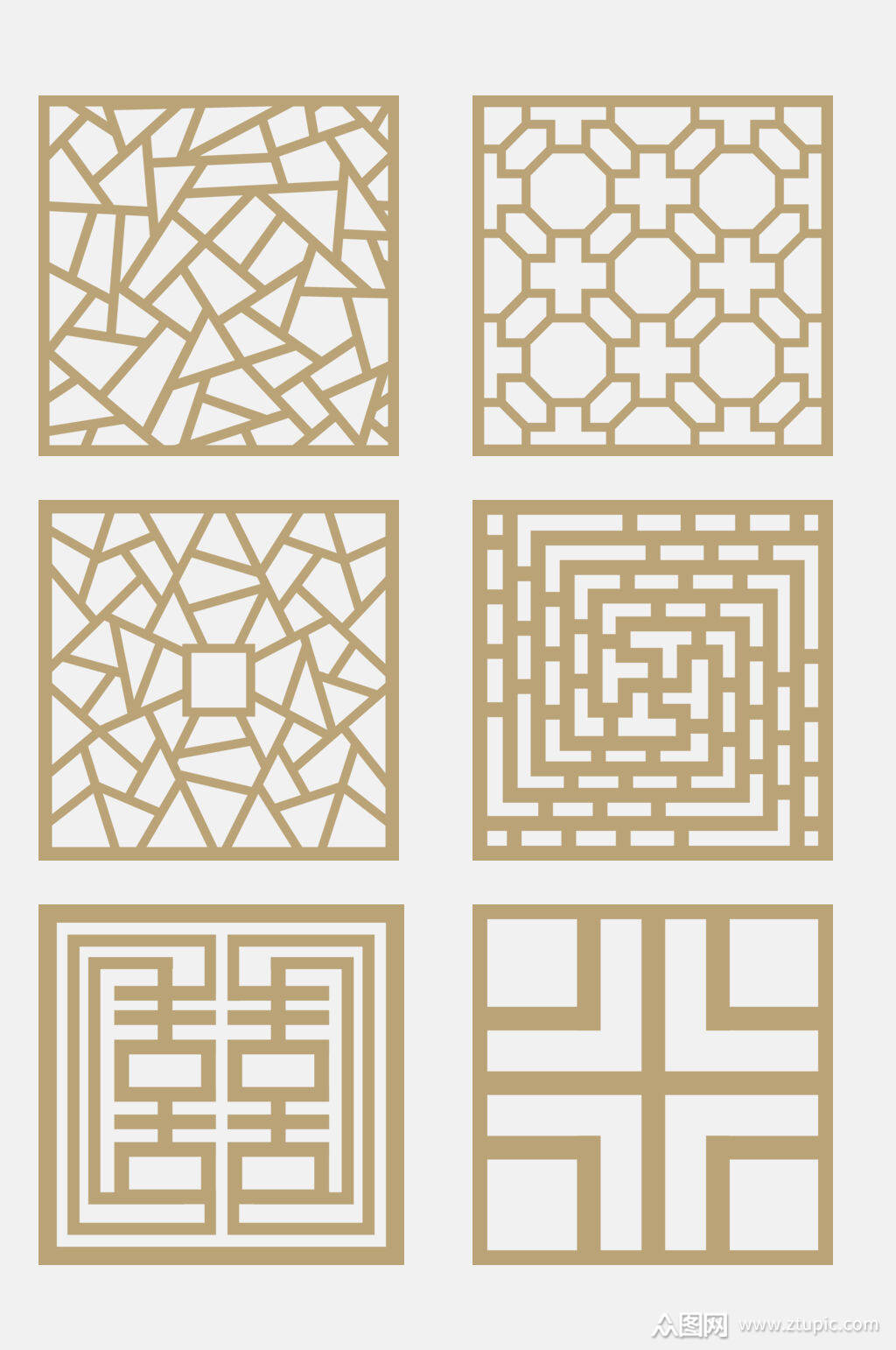 中式剪纸风金色古代方形图案免抠元素