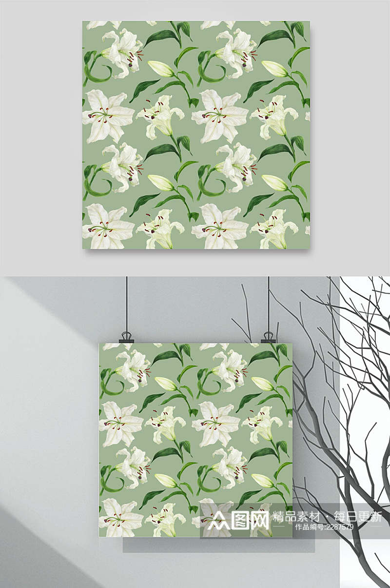 绿叶白花百合花卉背景素材素材