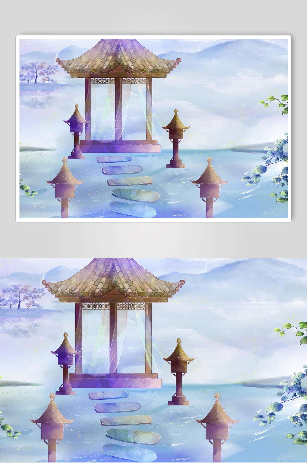 古风紫色山水插画素材素材