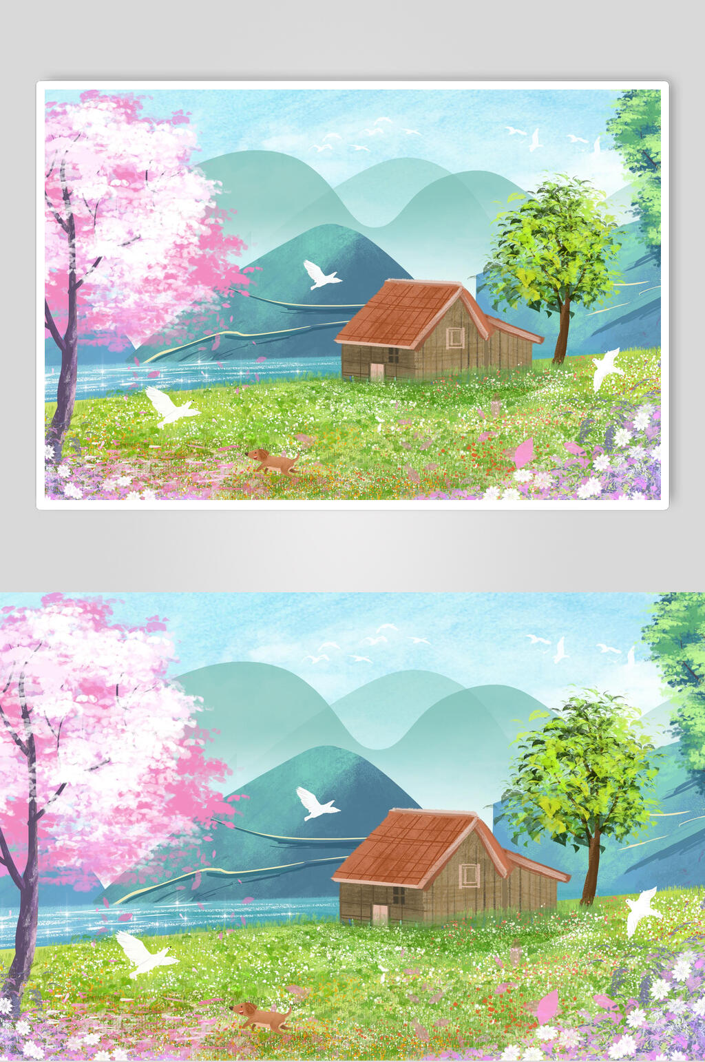 清新明媚山水插画素材素材