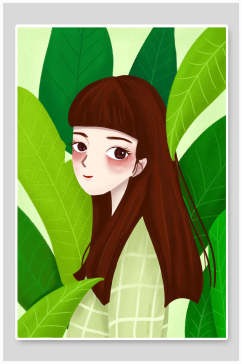 绿色森林女孩插画素材