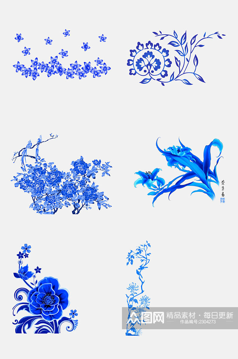 蓝色花卉青花瓷免抠元素素材