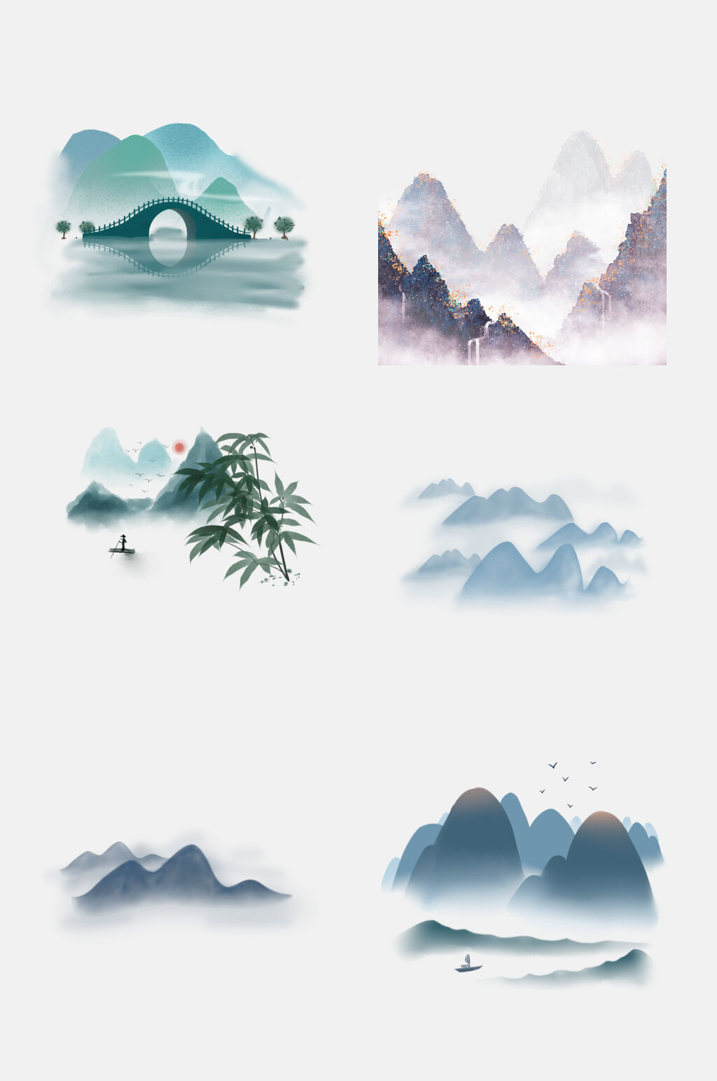 唯美中国风国画山水景观免抠素材素材