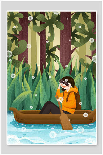 森林女孩划船插画素材