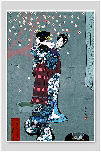 艺妓日本浮世绘插画素材