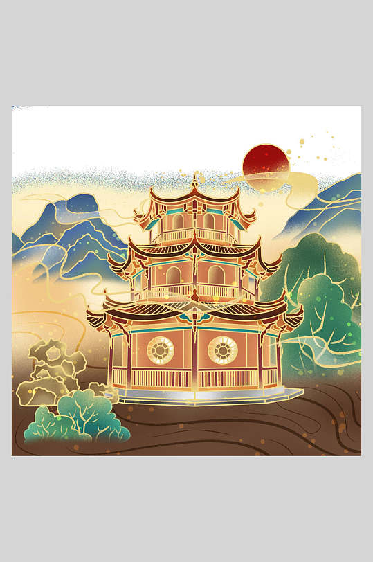 国潮风山水古建筑插画素材