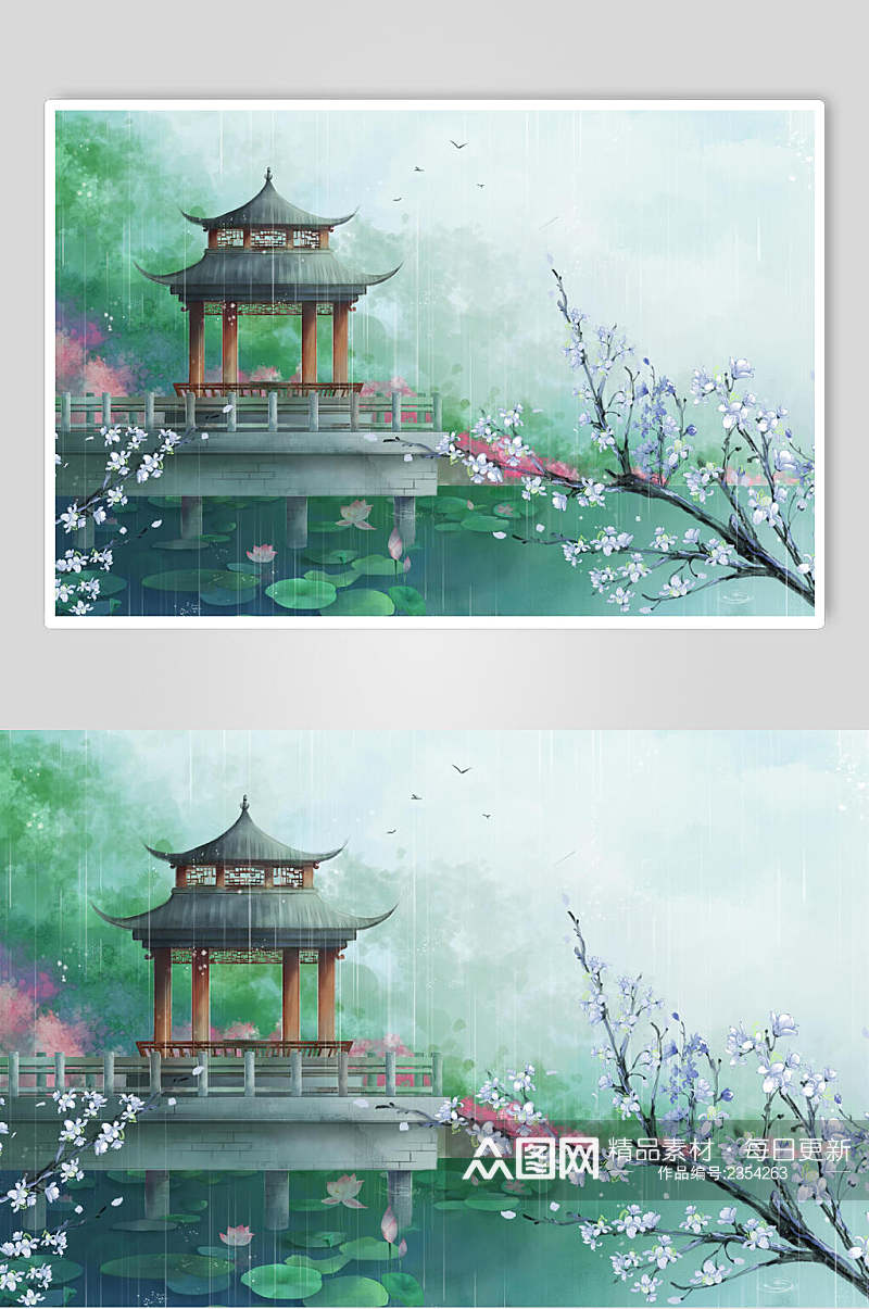 中式风景山水插画素材素材