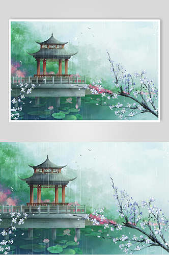 中式风景山水插画素材