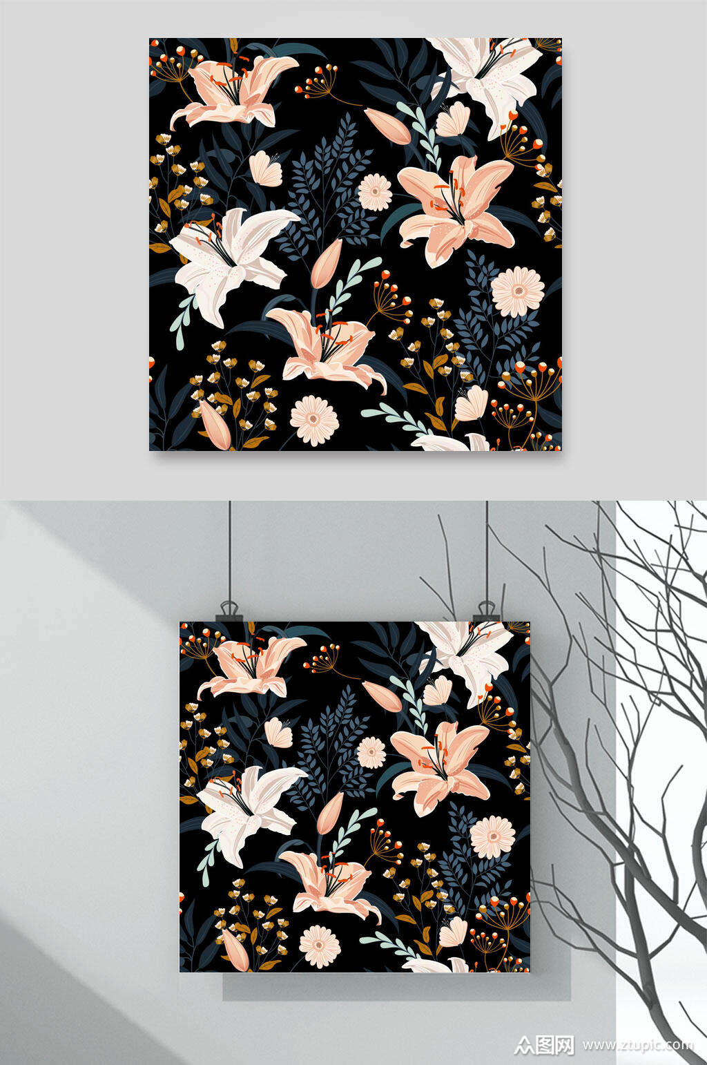 黑底百合花卉背景素材