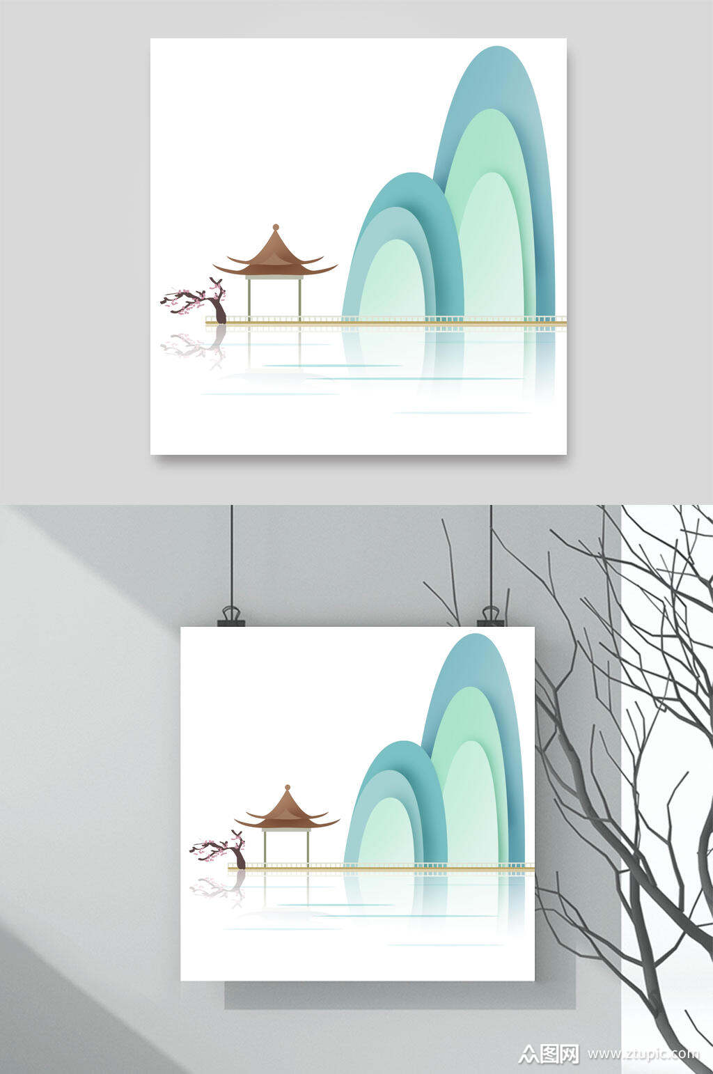 水彩中国风山水元素素材