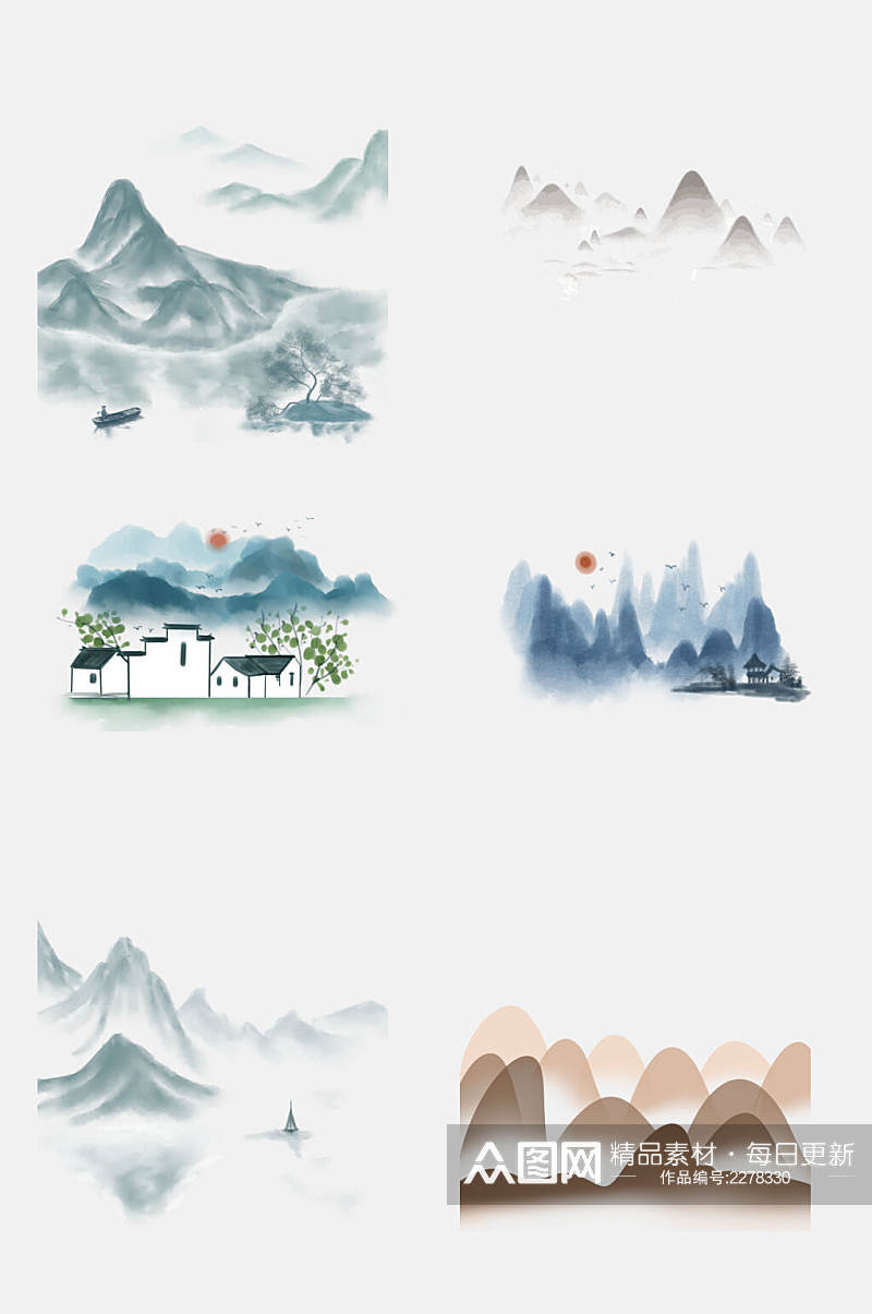 中国风国画山水建筑免抠素材素材
