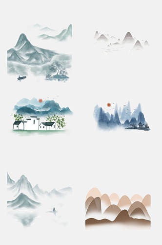 中国风国画山水建筑免抠素材