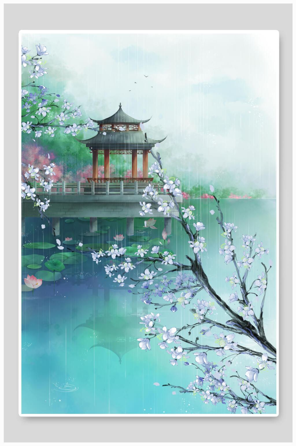 蓝绿色中式山水插画素材素材
