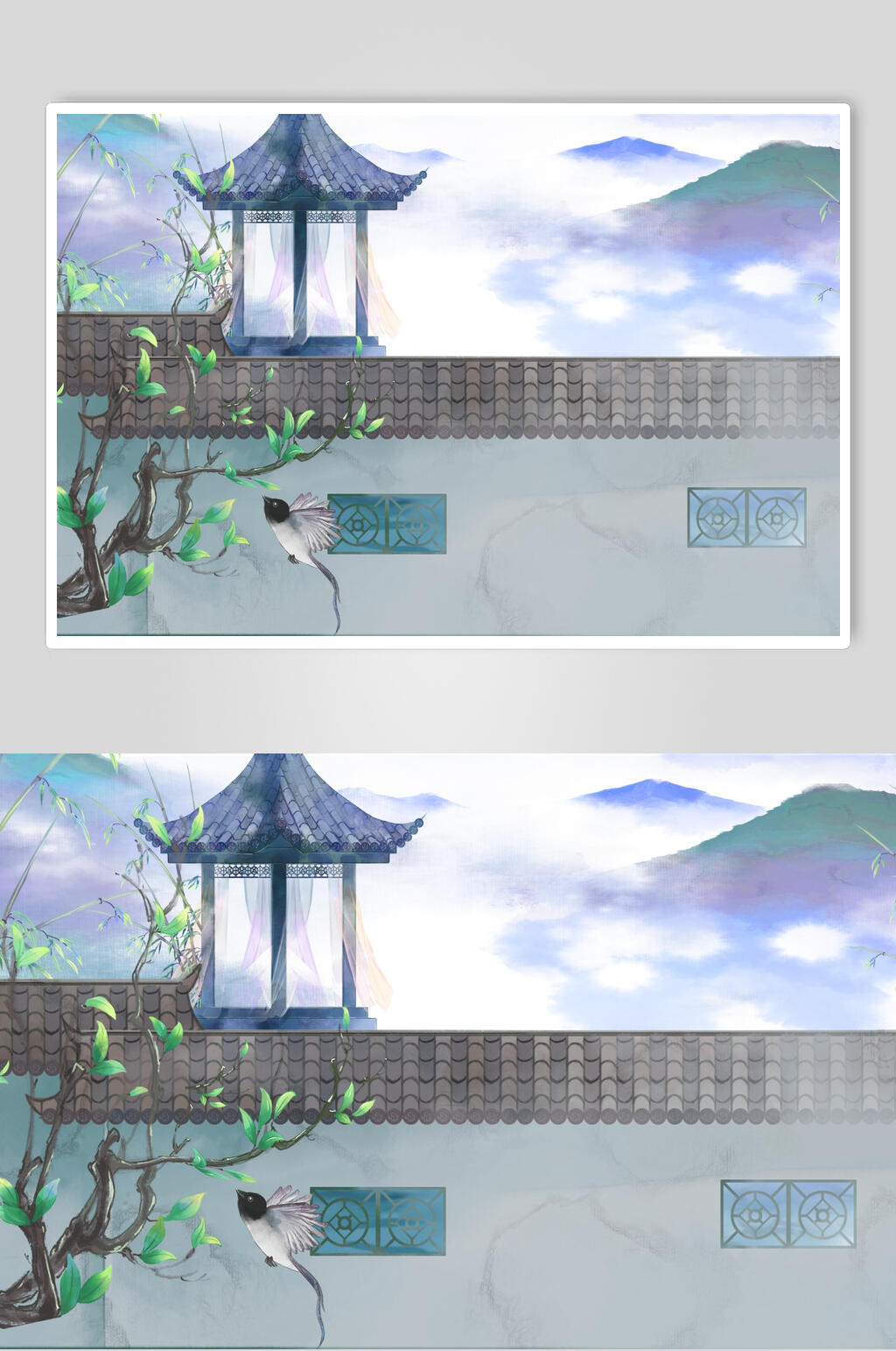 素雅紫色山水插画素材素材